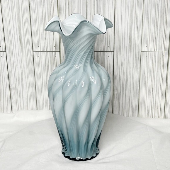 Fenton Other - Vintage Fenton Vase Blue White Swirl Spiral Crimped Ruffle 11